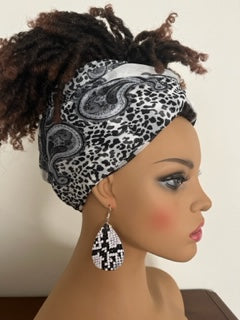 White Paisley and Cheetah Print Scarf with Matching Earrings - Cheetah Hair Wrap - African Head Turban - Neck Scarf - Shawl - Long Tassel Earrings