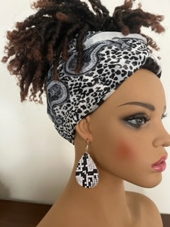 White Paisley and Cheetah Print Scarf with Matching Earrings - Cheetah Hair Wrap - African Head Turban - Neck Scarf - Shawl - Long Tassel Earrings