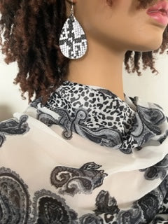 White Paisley and Cheetah Print Scarf with Matching Earrings - Cheetah Hair Wrap - African Head Turban - Neck Scarf - Shawl - Long Tassel Earrings