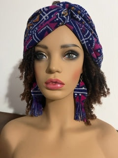 Pink, Magenta, and Blue Turban-Style Headwrap and Matching Earrings. African Head Wrap - African Scarf - African Turban - Head Wraps