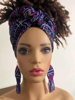 Pink, Magenta, and Blue Turban-Style Headwrap and Matching Earrings. African Head Wrap - African Scarf - African Turban - Head Wraps