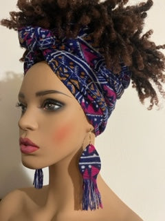 Pink, Magenta, and Blue Turban-Style Headwrap and Matching Earrings. African Head Wrap - African Scarf - African Turban - Head Wraps
