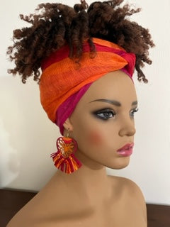 Pink, Magenta, and Orange Turban-Style Headwrap and Matching Earrings. African Head Wrap - African Scarf - African Turban - Head Wraps