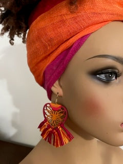 Pink, Magenta, and Orange Turban-Style Headwrap and Matching Earrings. African Head Wrap - African Scarf - African Turban - Head Wraps