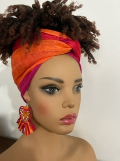 Pink, Magenta, and Orange Turban-Style Headwrap and Matching Earrings. African Head Wrap - African Scarf - African Turban - Head Wraps