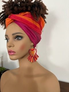 Pink, Magenta, and Orange Turban-Style Headwrap and Matching Earrings. African Head Wrap - African Scarf - African Turban - Head Wraps