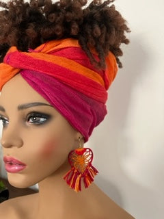 Pink, Magenta, and Orange Turban-Style Headwrap and Matching Earrings. African Head Wrap - African Scarf - African Turban - Head Wraps