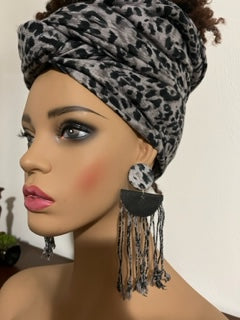 Gray Cheetah Print Scarf with Matching Earrings - Cheetah Hair Wrap - African Head Turban - Neck Scarf - Shawl - Long Tassel Earrings
