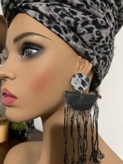 Gray Cheetah Print Scarf with Matching Earrings - Cheetah Hair Wrap - African Head Turban - Neck Scarf - Shawl - Long Tassel Earrings