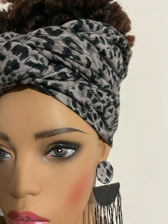 Gray Cheetah Print Scarf with Matching Earrings - Cheetah Hair Wrap - African Head Turban - Neck Scarf - Shawl - Long Tassel Earrings
