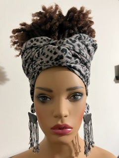 Gray Cheetah Print Scarf with Matching Earrings - Cheetah Hair Wrap - African Head Turban - Neck Scarf - Shawl - Long Tassel Earrings