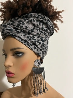 Gray Cheetah Print Scarf with Matching Earrings - Cheetah Hair Wrap - African Head Turban - Neck Scarf - Shawl - Long Tassel Earrings