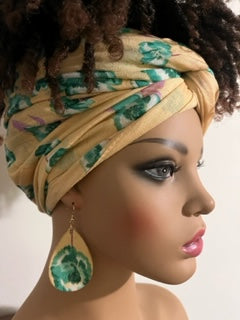 Yellow and Green Turban-Style Headwrap and Matching Earrings. African Head Wrap - African Scarf - African Turban - Head Wraps