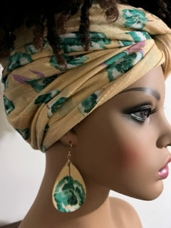 Yellow and Green Turban-Style Headwrap and Matching Earrings. African Head Wrap - African Scarf - African Turban - Head Wraps