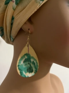 Yellow and Green Turban-Style Headwrap and Matching Earrings. African Head Wrap - African Scarf - African Turban - Head Wraps
