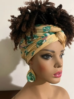 Yellow and Green Turban-Style Headwrap and Matching Earrings. African Head Wrap - African Scarf - African Turban - Head Wraps