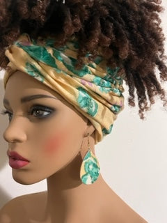 Yellow and Green Turban-Style Headwrap and Matching Earrings. African Head Wrap - African Scarf - African Turban - Head Wraps