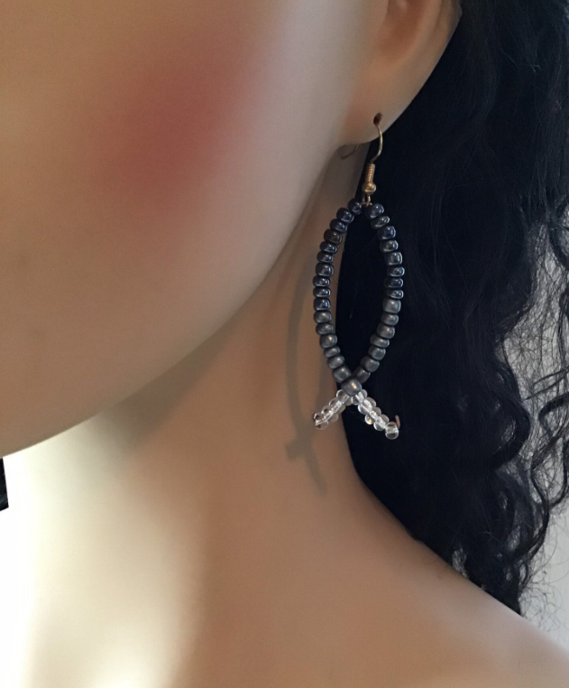 Ombré Gray and White beaded Christian Fish Symbol Dangle Earrings, Criss Cross, Gift