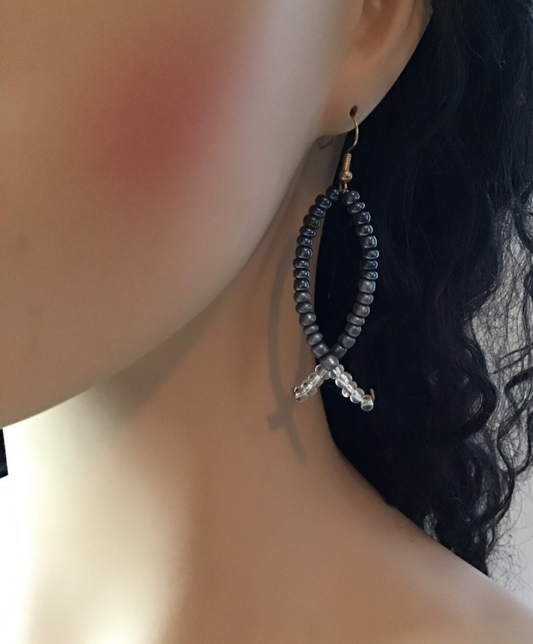Ombré Gray and White beaded Christian Fish Symbol Dangle Earrings, Criss Cross, Gift