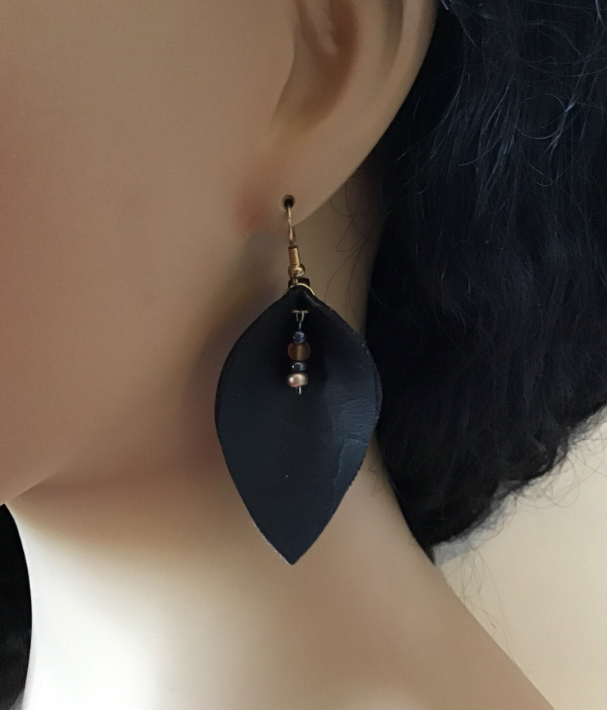 Black Faux Leather Pinch Earrings, Leather Feathers, Black Leather Earrings, Earrings Black and Brown Bead